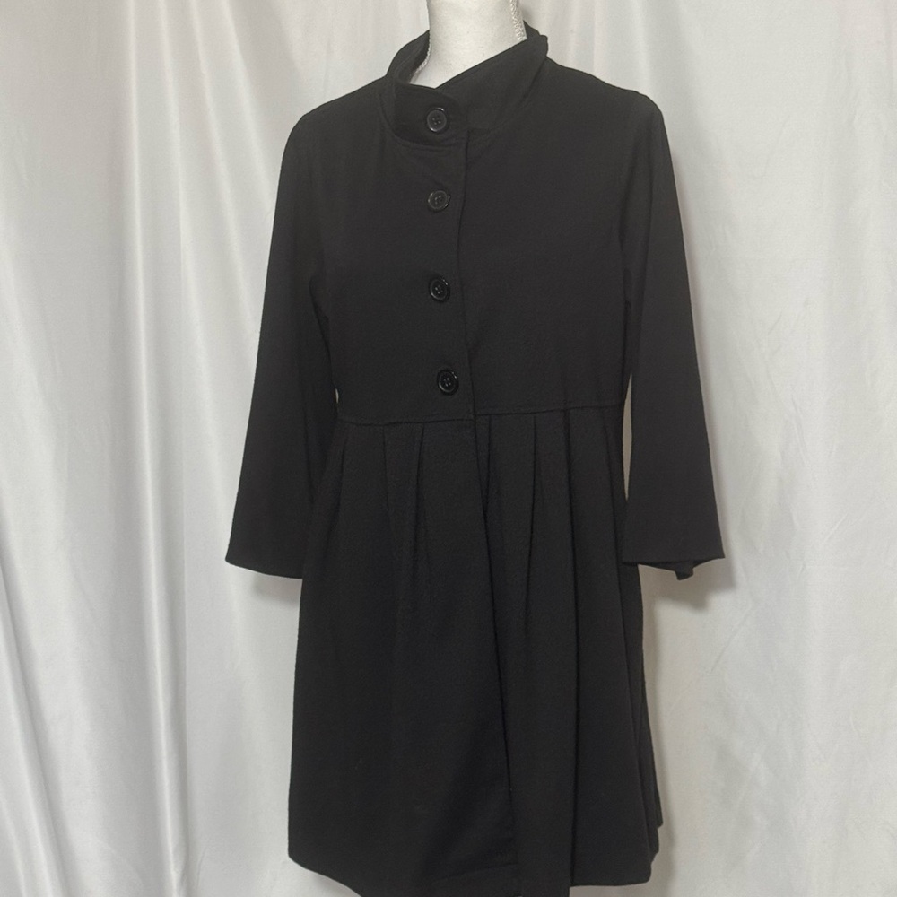 Fever Black Pleated Buttoned Pea Coat with Mandarin Collar Womens Large